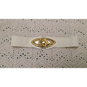 Vintage Cream Elastic Cinch Belt Gold Tone Interlocking Buckle Retro 27 Inch